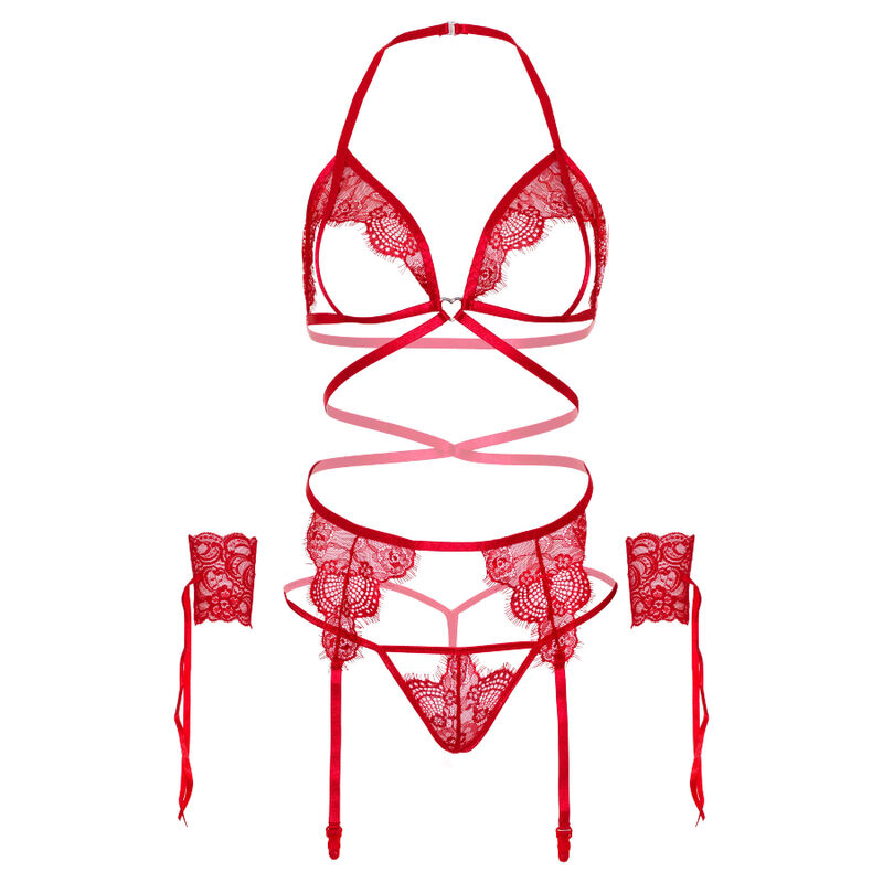 LEG AVENUE - CONJUNTO DE QUATRO PEAS SUTI, G-STRING, CINTA-LIGA E PUNHOS DE PULSO TAMANHO ÚNICO - VERMELHO