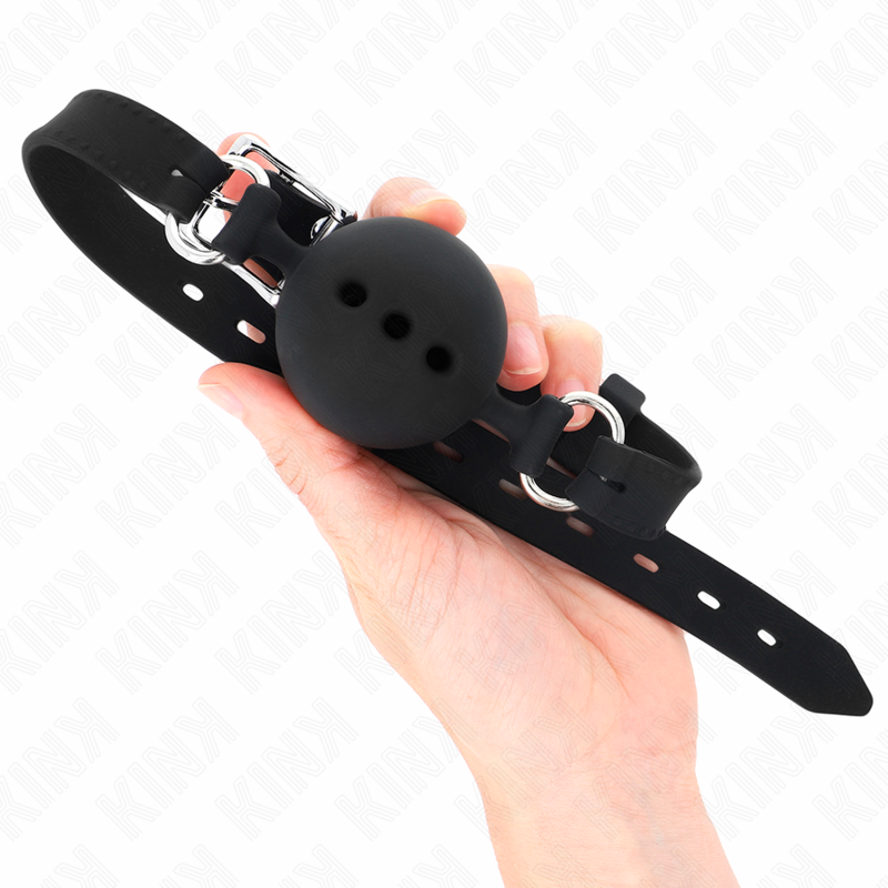 KINK - MORDAÇA COMPLETA DE SILICONE 55 X 2 CM COM BOLA DE 4,5 CM TAMANHO M PRETO AJUSTÁVEL 35-51 CM