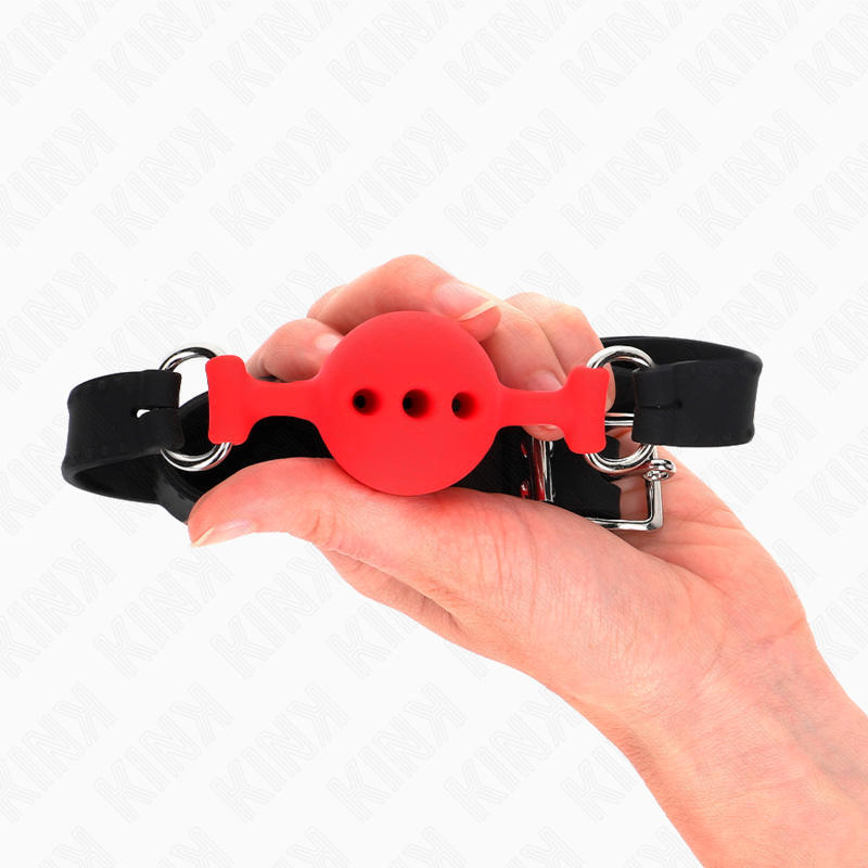 KINK - MORDAÇA COMPLETA DE SILICONE 55 X 2 CM COM BOLA DE 4 CM TAMANHO S VERMELHO AJUSTÁVEL 35-51 CM