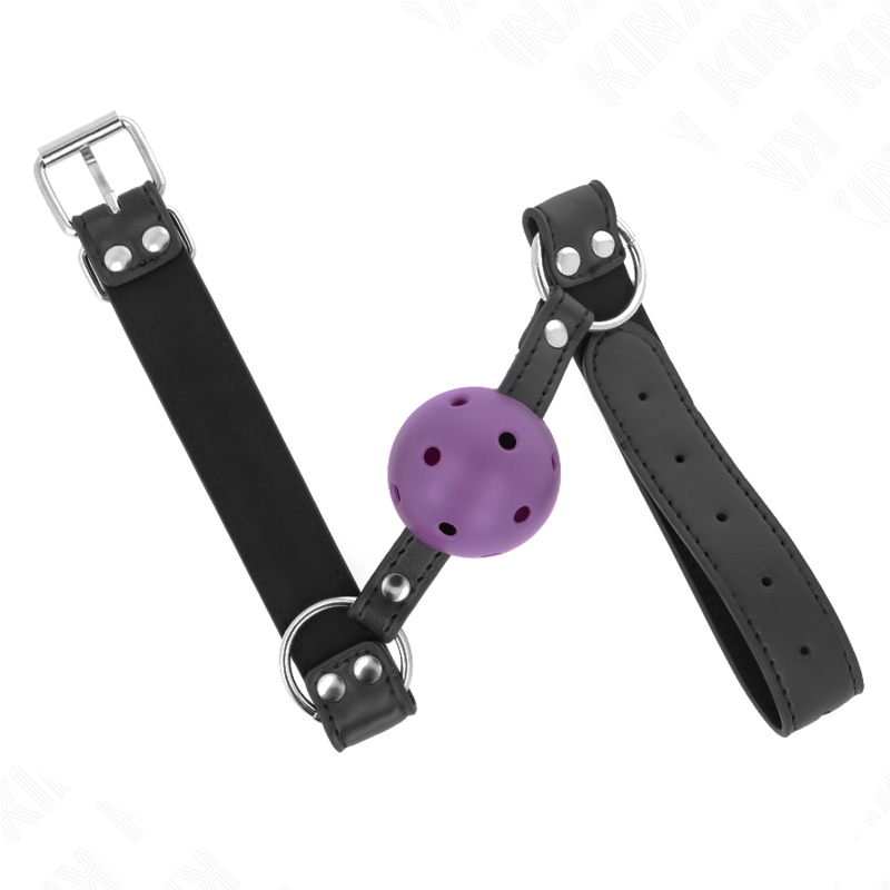 KINK - BOLA RESPIRÁVEL 4 CM MORDAÇA COM REBITE DUPLO ROXO 62,5 X 2,5 CM AJUSTÁVEL 42-58 CM
