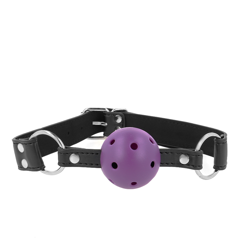 KINK - BOLA RESPIRÁVEL 4 CM MORDAÇA COM REBITE DUPLO ROXO 62,5 X 2,5 CM AJUSTÁVEL 42-58 CM
