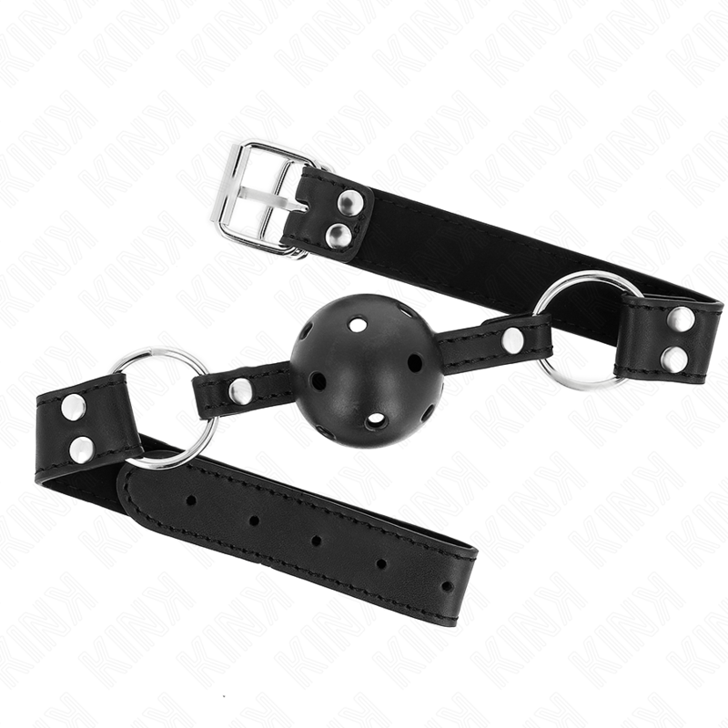 KINK - BOLA RESPIRÁVEL 4 CM MORDAÇA COM REBITE DUPLO MODELO 1 PRETO 62,5 X 2,5 CM AJUSTÁVEL 42-58 CM
