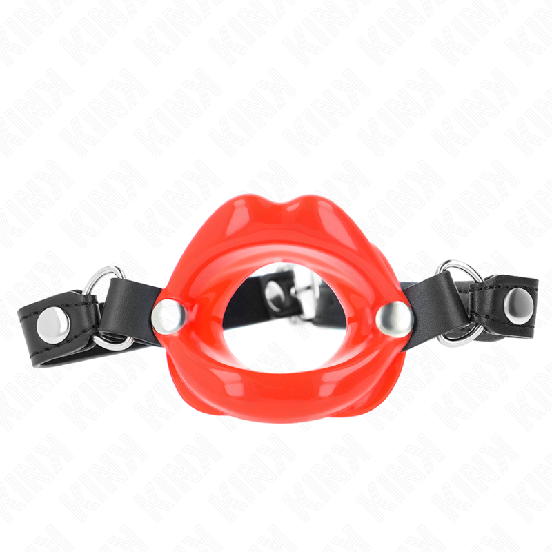 KINK - MORDAÇA LIP 8 CM COM ALÇA DE COURO VERMELHA 63 X 2 CM AJUSTÁVEL 39-58 CM