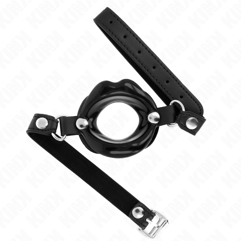 KINK - MORDAÇA LIP 8 CM COM ALÇA DE COURO PRETA 63 X 2 CM AJUSTÁVEL 39-58 CM