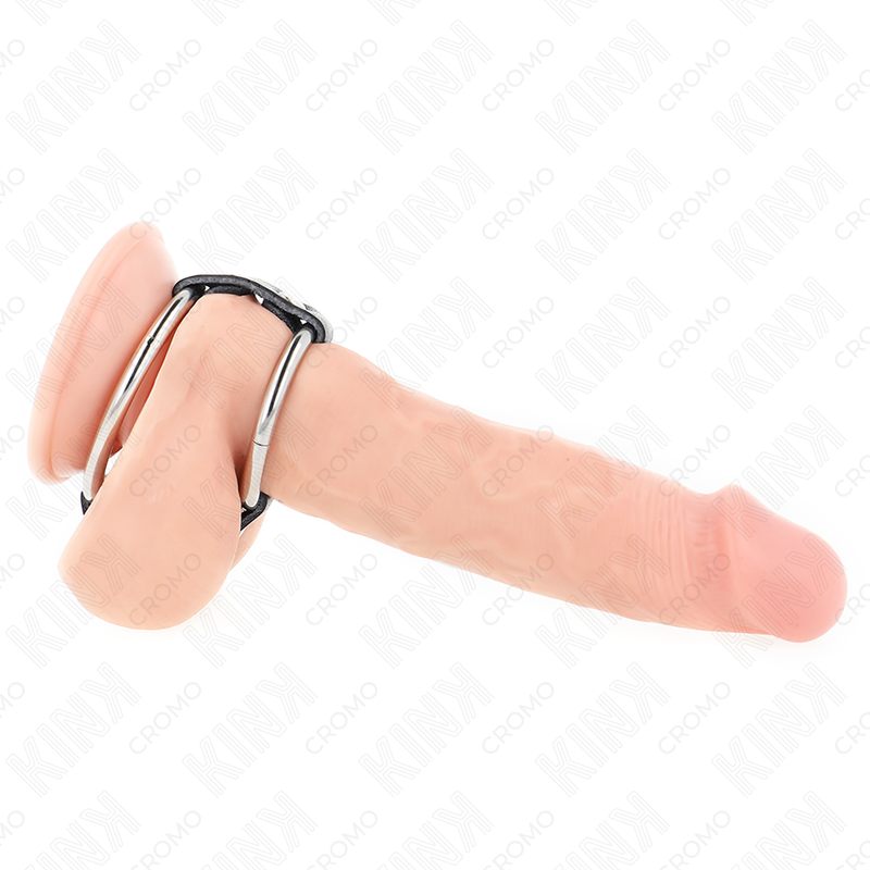KINK - ANEL DE PÊNIS DUPLO DE METAL DE 3,8 CM A 5 CM CONECTADO COM COURO