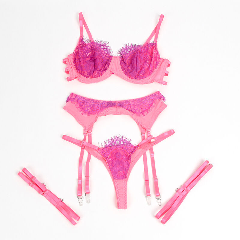 SUBBLIME - 955359 CONJUNTO DE SUTIÃ COM RENDA E LIGAS ROSA E ROXO S/M