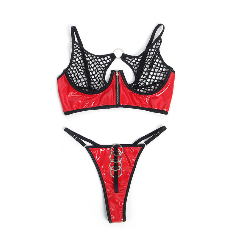 SUBBLIME - 955533 CONJUNTO DE SUTIÃ DE COURO VERMELHO COM ZÍPER DE MALHA S/M
